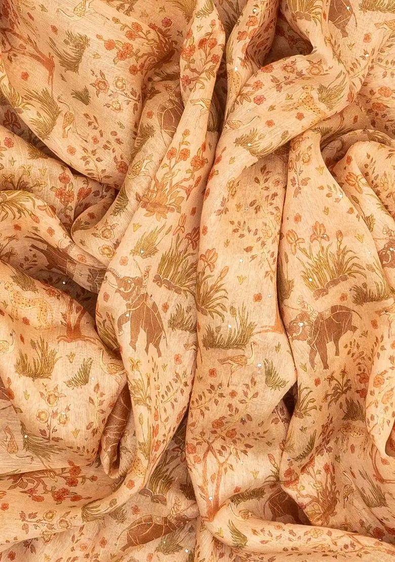 Sandal Handloom Linen Saree With Printed Elephant Motifs For Women - Indya