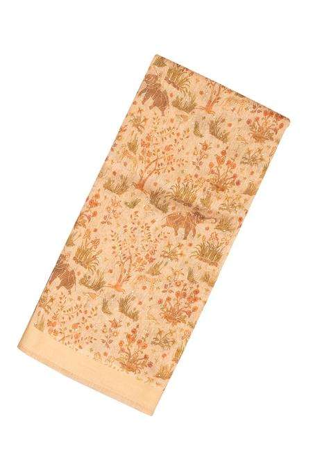Sandal Handloom Linen Saree With Printed Elephant Motifs For Women