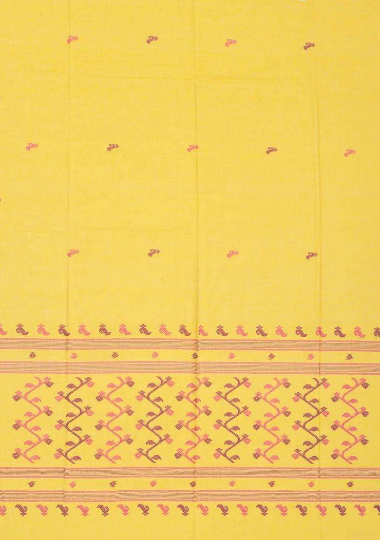 Lime Green Handloom Bengal Cotton Saree With Floral Buttas With Buttas And Brocade Design For Women - Indya