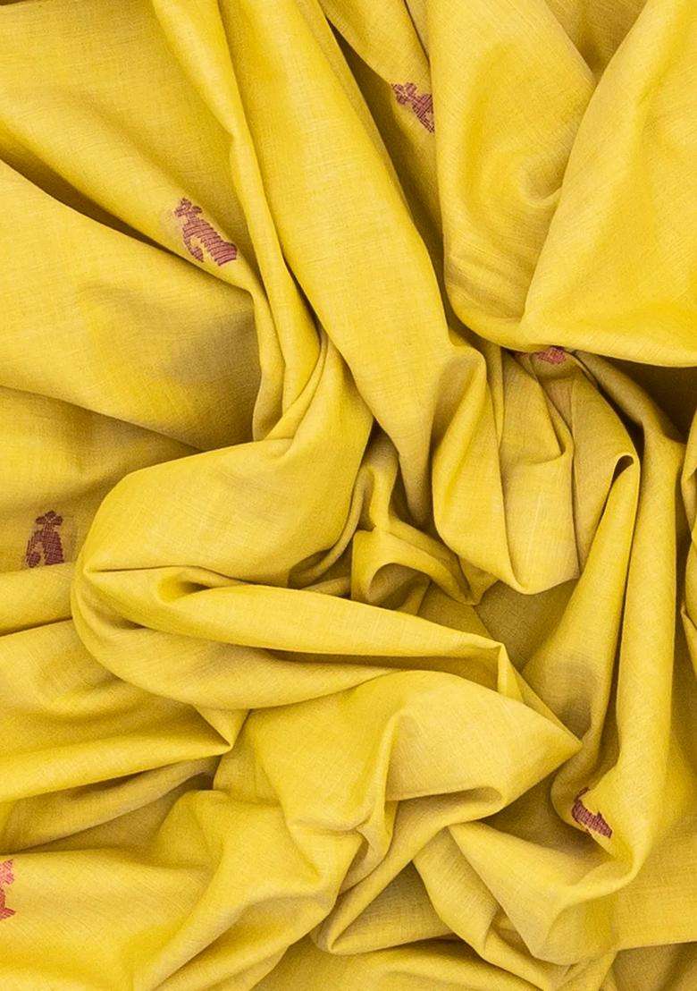 Lime Green Handloom Bengal Cotton Saree With Floral Buttas With Buttas And Brocade Design For Women - Indya
