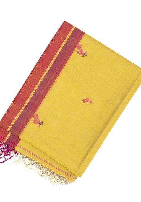 Lime Green Handloom Bengal Cotton Saree With Floral Buttas With Buttas And Brocade Design For Women
