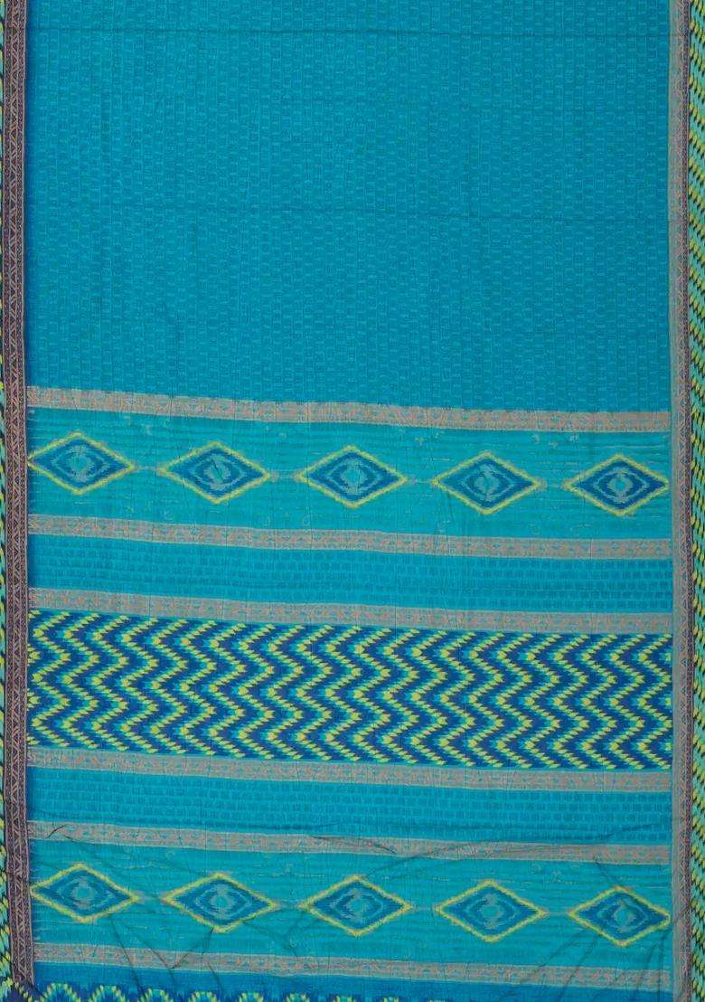 Sky Blue Woven Synthetic Crackle Art Silk Saree With Printed Floral Motifs For Women - Indya