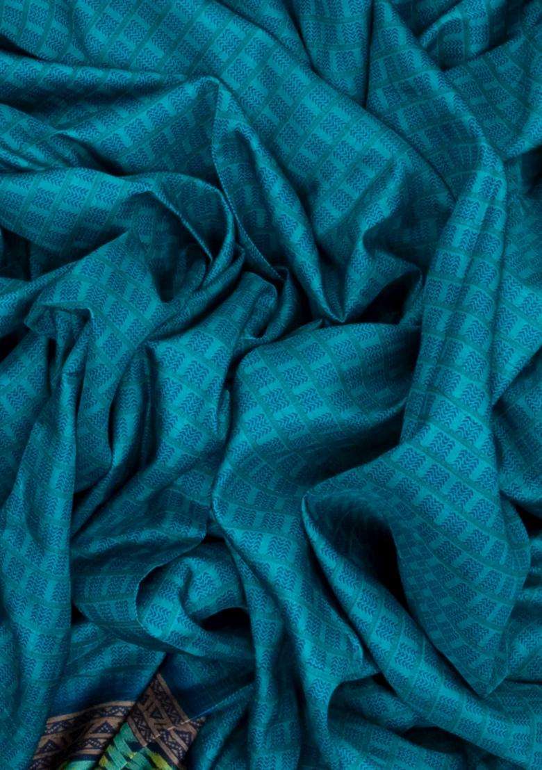 Sky Blue Woven Synthetic Crackle Art Silk Saree With Printed Floral Motifs For Women - Indya