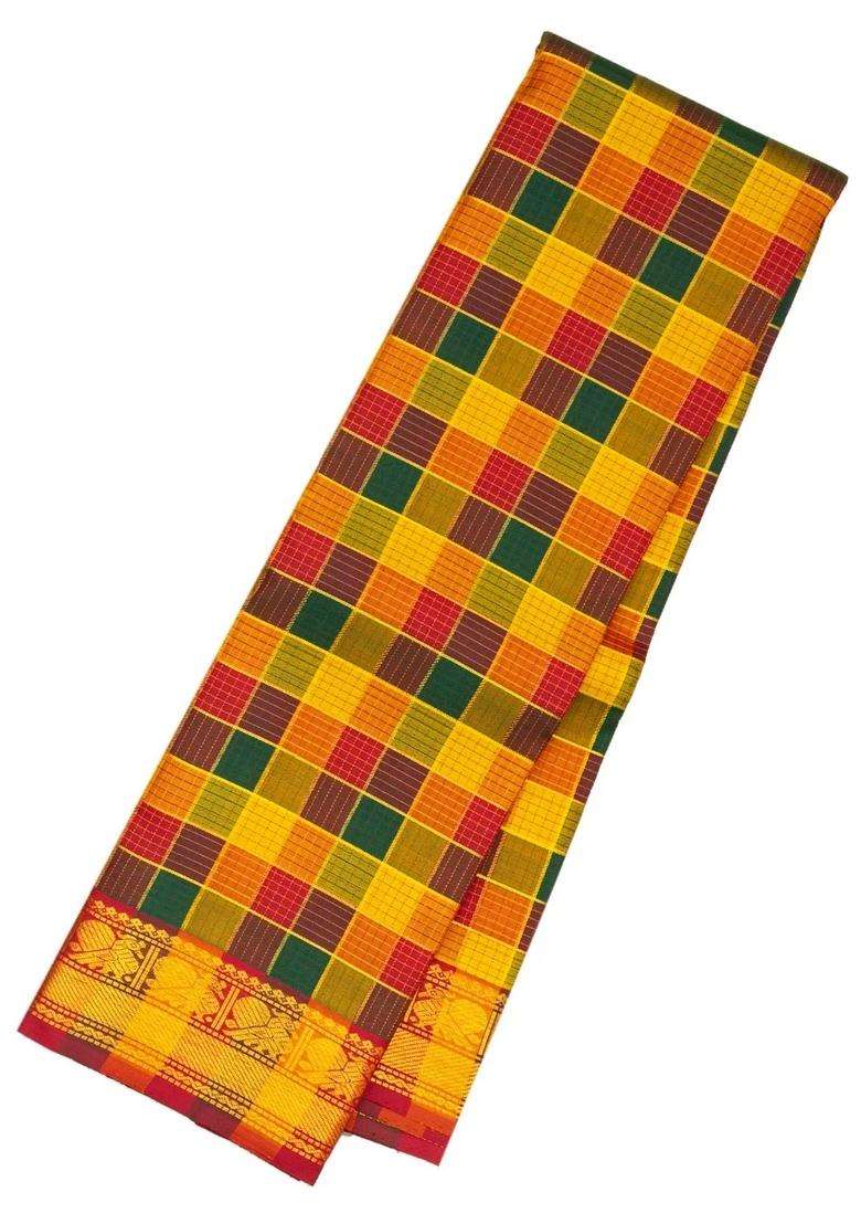 Multi Colour Handloom Kanchipuram Silk Saree With Checks With Checks And Stripes Design For Women - Indya