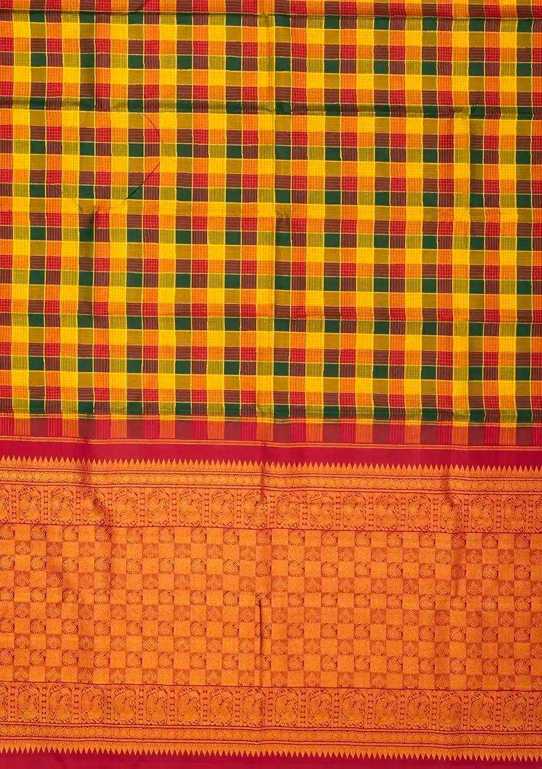 Multi Colour Handloom Kanchipuram Silk Saree With Checks With Checks And Stripes Design For Women - Indya