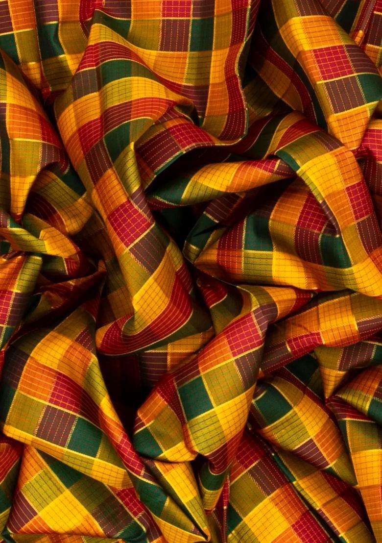 Multi Colour Handloom Kanchipuram Silk Saree With Checks With Checks And Stripes Design For Women - Indya