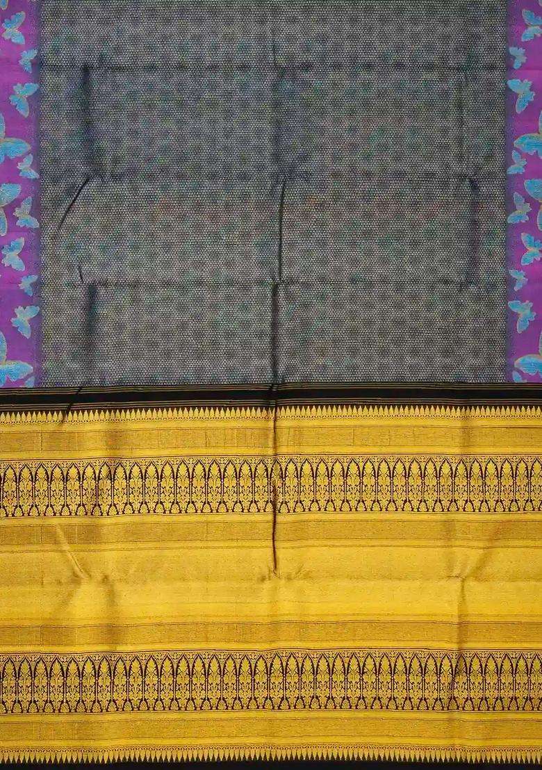Black Handloom Kanchipuram Silk Saree With Triangle Motifs With Buttas And Brocade Design For Women - Indya