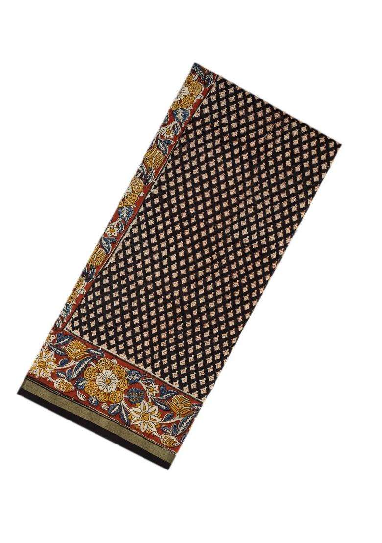 Black Handloom Chanderi Cotton Saree With Printed Floral Motifs For Women - Indya