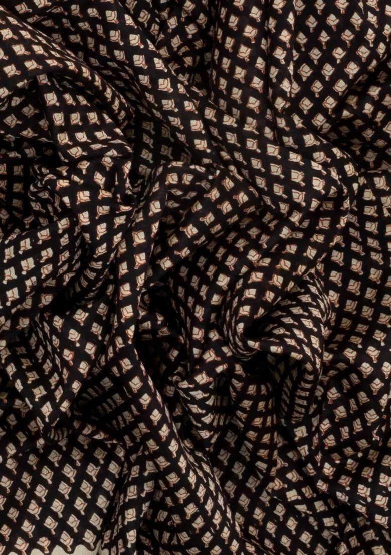 Black Handloom Chanderi Cotton Saree With Printed Floral Motifs For Women - Indya