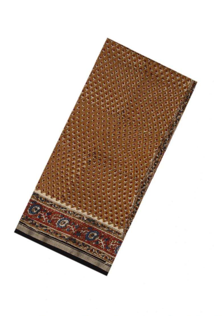 Brown Handloom Chanderi Cotton Saree With Printed Floral Motifs For Women - Indya