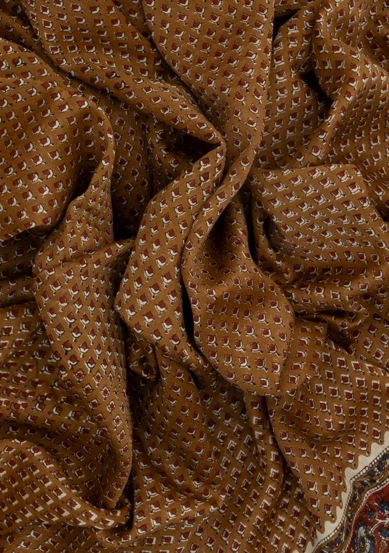 Brown Handloom Chanderi Cotton Saree With Printed Floral Motifs For Women - Indya
