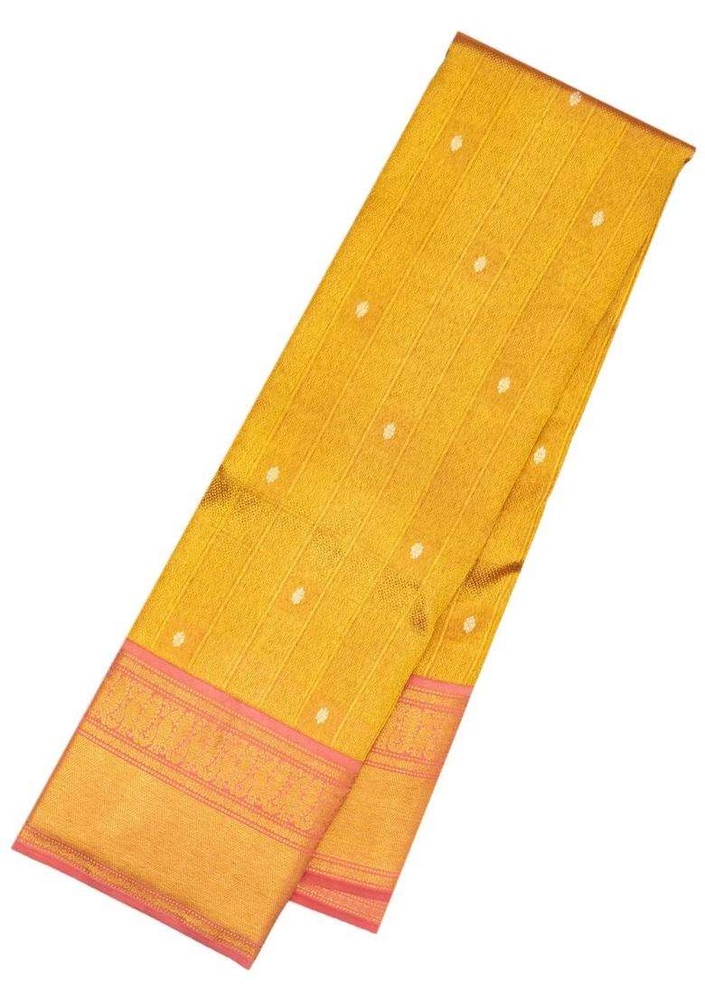 Gold Handloom Korvai Tissue Kanchipuram Silk Saree With Checks With Korvai And Temple Border Design For Women - Indya