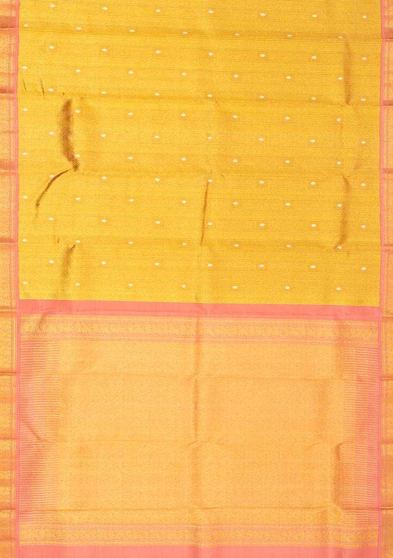 Gold Handloom Korvai Tissue Kanchipuram Silk Saree With Checks With Korvai And Temple Border Design For Women - Indya