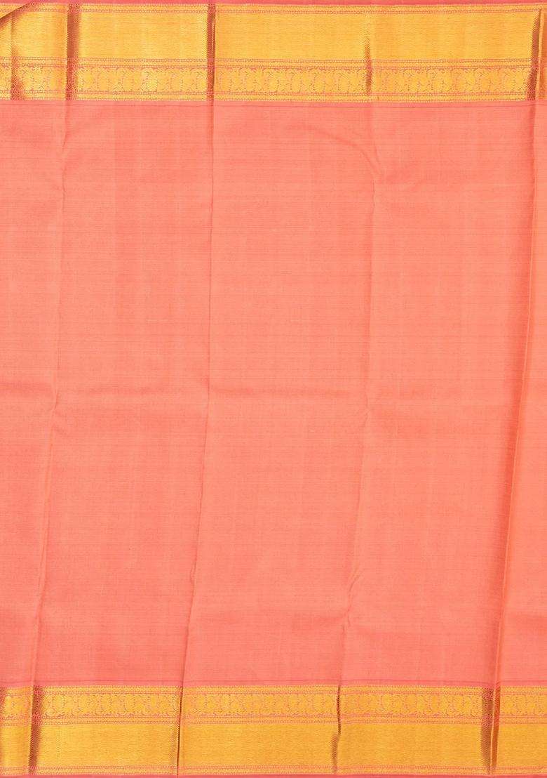 Gold Handloom Korvai Tissue Kanchipuram Silk Saree With Checks With Korvai And Temple Border Design For Women - Indya