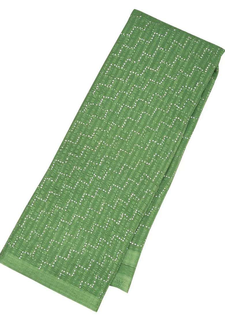 Green Mysore Georgette Silk Saree With Chevron Motifs With Buttas And Brocade Design For Women - Indya