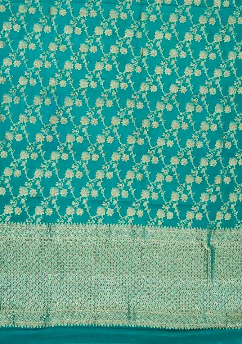 Sea Green Mysore Georgette Silk Saree With Floral Vine Motifs With Buttas And Brocade Design For Women - Indya