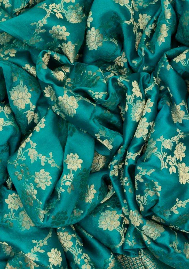 Sea Green Mysore Georgette Silk Saree With Floral Vine Motifs With Buttas And Brocade Design For Women - Indya