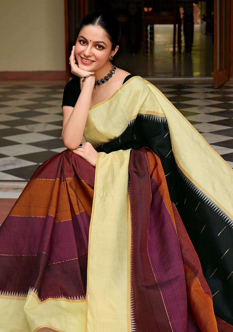 Black Handloom Korvai Kanchipuram Silk Saree With Multi Color Stripes With Korvai And Temple Border Design For Women - Indya