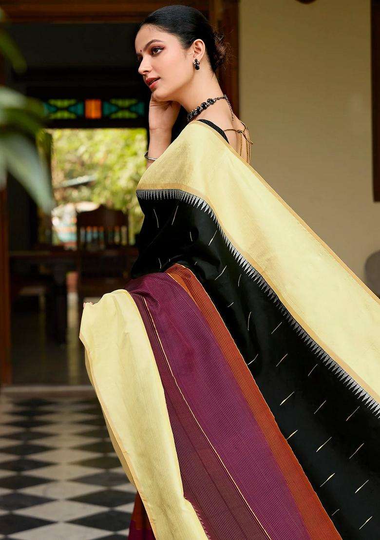 Black Handloom Korvai Kanchipuram Silk Saree With Multi Color Stripes With Korvai And Temple Border Design For Women - Indya