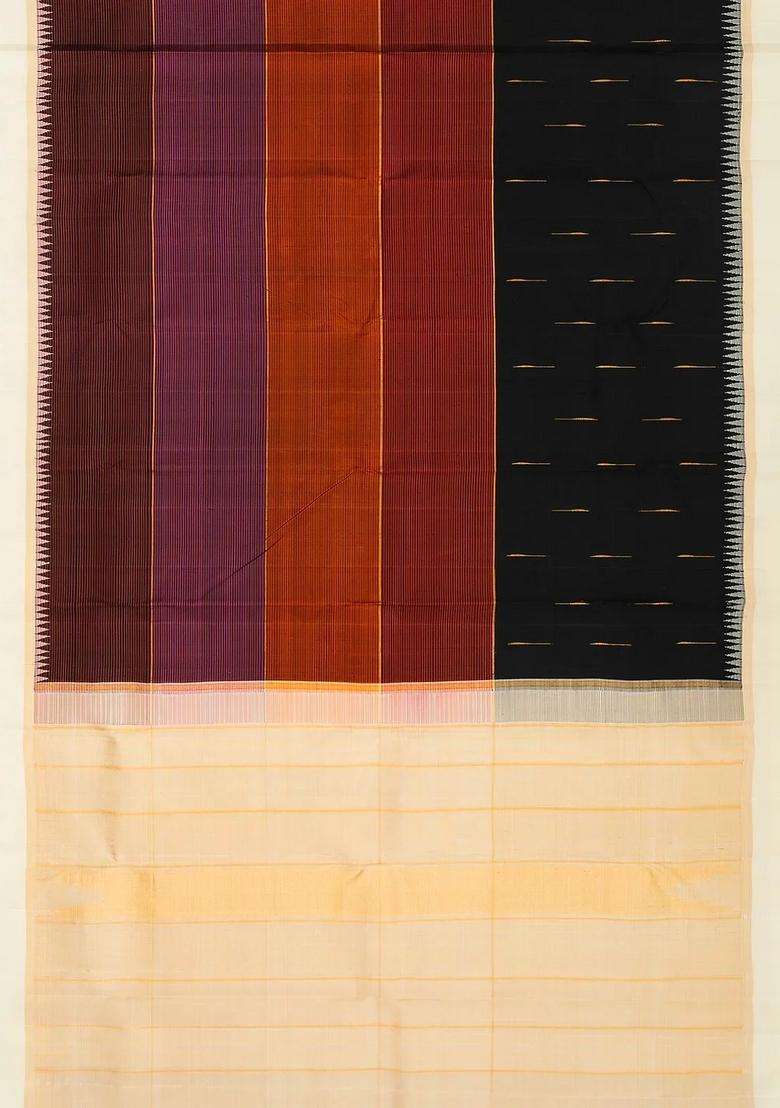 Black Handloom Korvai Kanchipuram Silk Saree With Multi Color Stripes With Korvai And Temple Border Design For Women - Indya