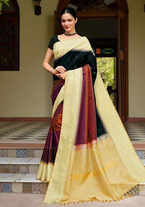 Black Handloom Korvai Kanchipuram Silk Saree With Multi Color Stripes With Korvai And Temple Border Design For Women