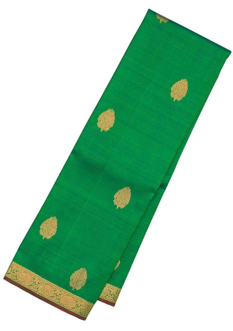 Green Handloom Kanchipuram Silk Saree With Contrast Dual Pallu With Buttas And Brocade Design For Women - Indya