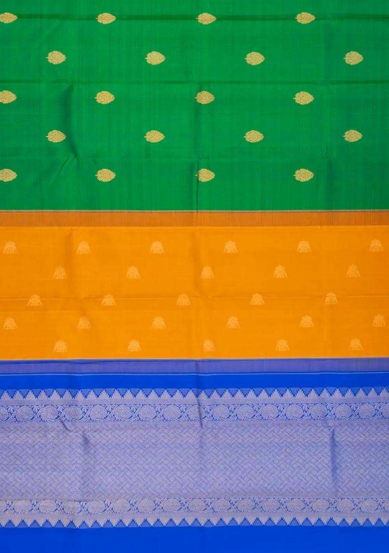 Green Handloom Kanchipuram Silk Saree With Contrast Dual Pallu With Buttas And Brocade Design For Women - Indya