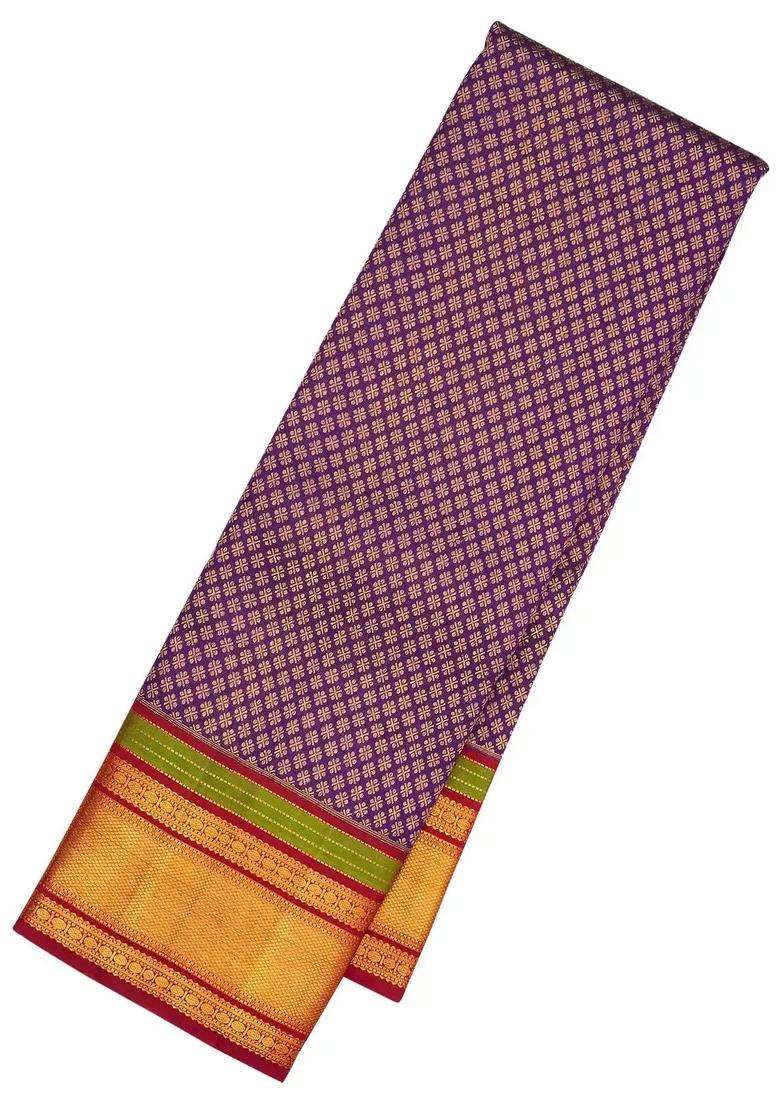 Purple Handloom Korvai Kanchipuram Silk Saree With Contrast Crimson Border With Korvai And Temple Border Design For Women - Indya