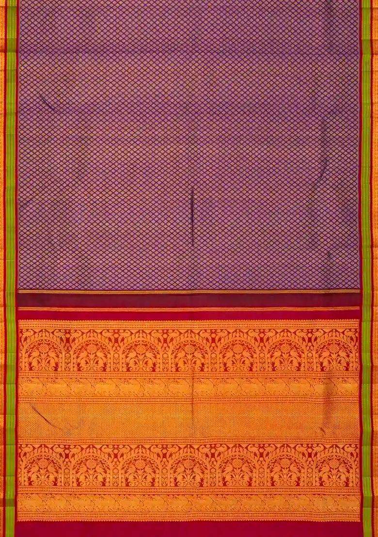 Purple Handloom Korvai Kanchipuram Silk Saree With Contrast Crimson Border With Korvai And Temple Border Design For Women - Indya