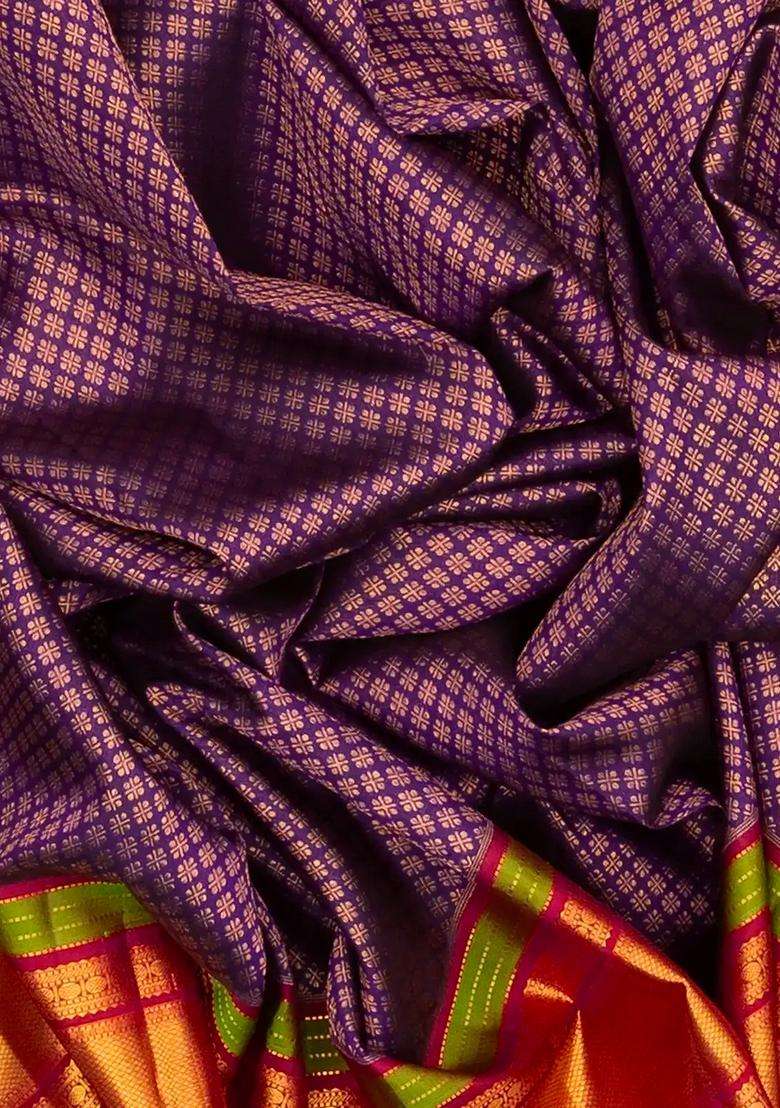 Purple Handloom Korvai Kanchipuram Silk Saree With Contrast Crimson Border With Korvai And Temple Border Design For Women - Indya