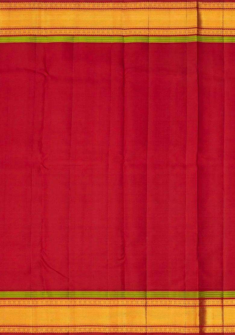 Purple Handloom Korvai Kanchipuram Silk Saree With Contrast Crimson Border With Korvai And Temple Border Design For Women - Indya