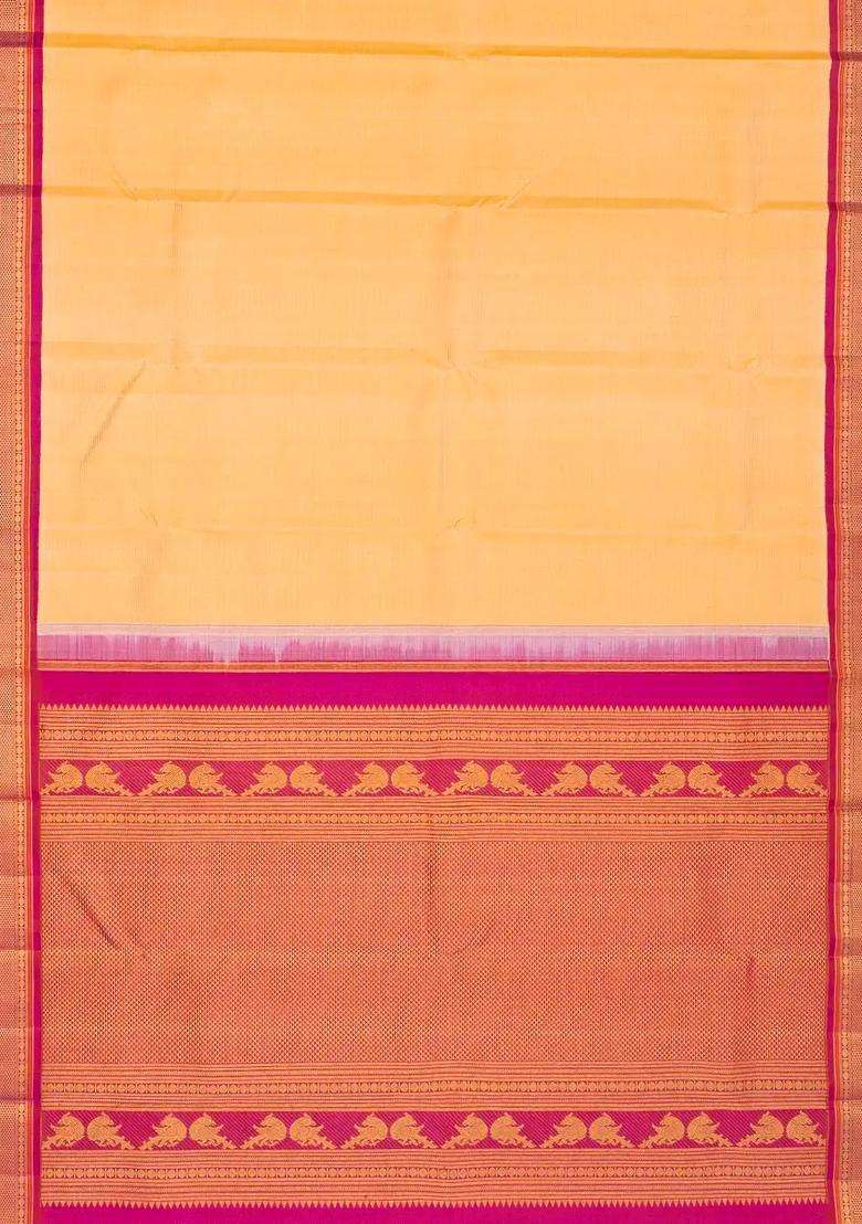 Lime Yellow Lemon Yellow Handloom Korvai Kanchipuram Silk Saree With Zari Stripes With Korvai And Temple Border Design For Women - Indya