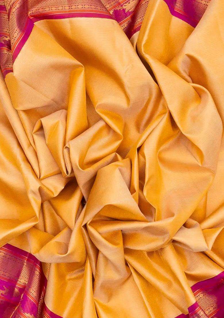 Lime Yellow Lemon Yellow Handloom Korvai Kanchipuram Silk Saree With Zari Stripes With Korvai And Temple Border Design For Women - Indya