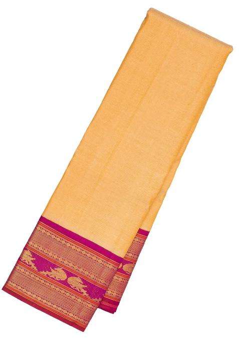 Lime Yellow Lemon Yellow Handloom Korvai Kanchipuram Silk Saree With Zari Stripes With Korvai And Temple Border Design For Women