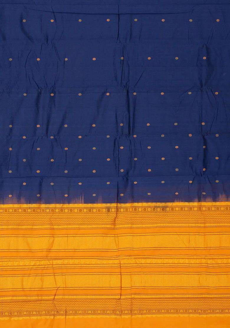 Navy Blue Handloom Poly Cotton Saree With Rudraksham Buttas With Buttas And Brocade Design For Women - Indya