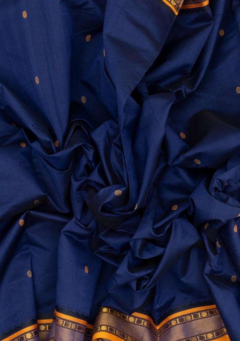 Navy Blue Handloom Poly Cotton Saree With Rudraksham Buttas With Buttas And Brocade Design For Women - Indya