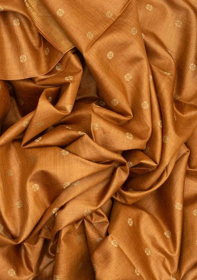 Sandal Woven Tussar Silk Saree With Floral Motifs With Buttas And Brocade Design For Women - Indya