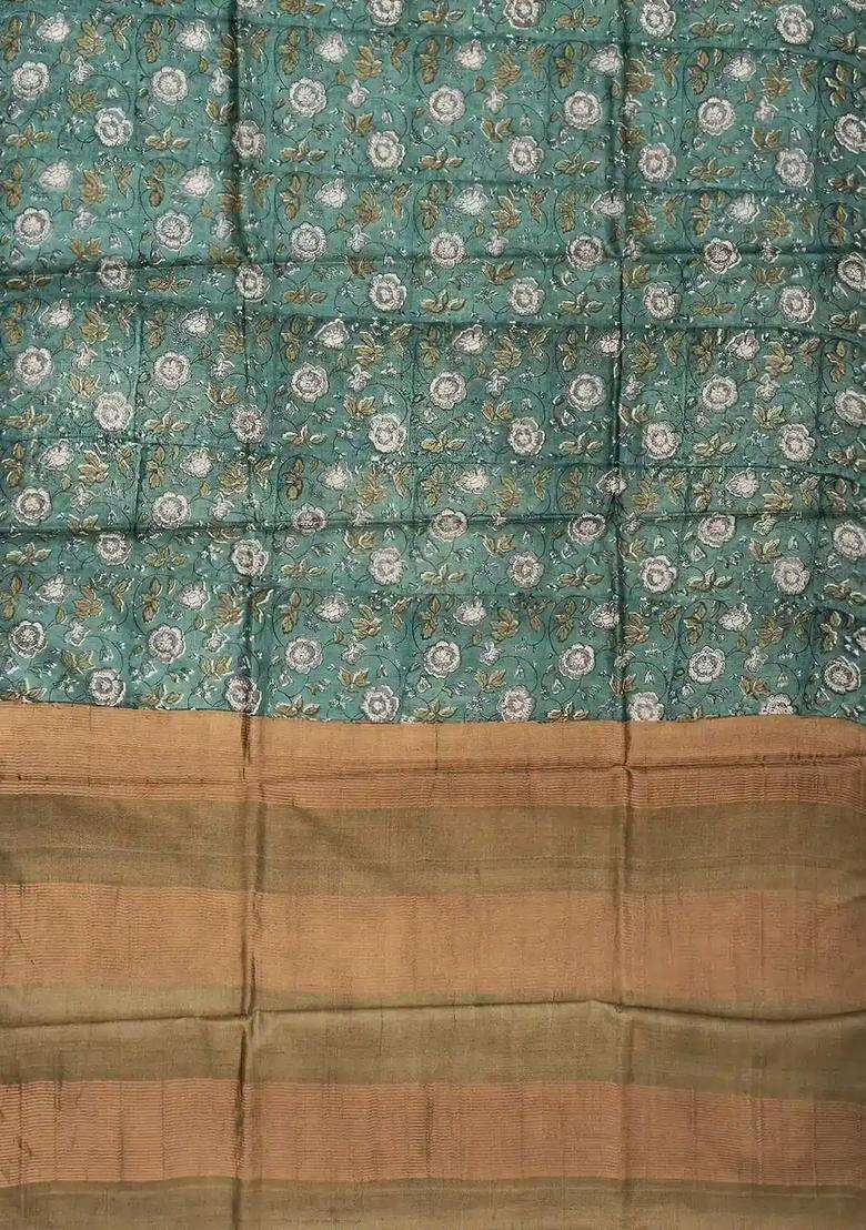 Shadow Green Handloom Tussar Silk Saree With Printed Floral Motifs For Women - Indya
