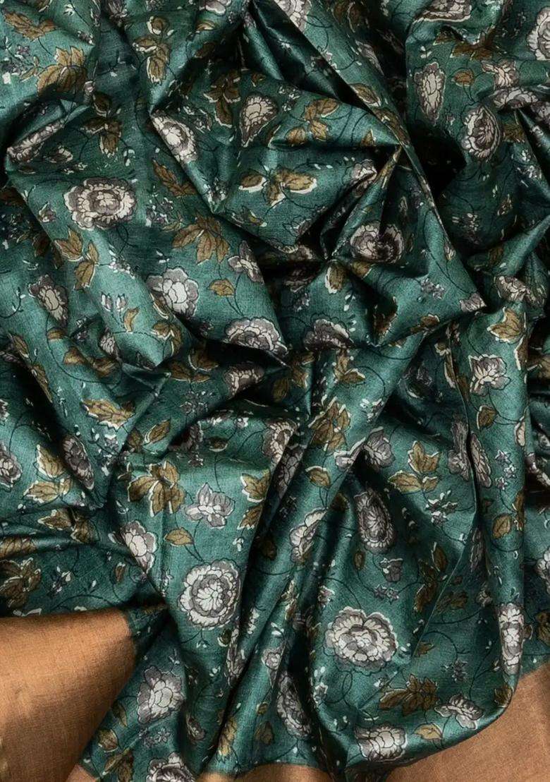 Shadow Green Handloom Tussar Silk Saree With Printed Floral Motifs For Women - Indya
