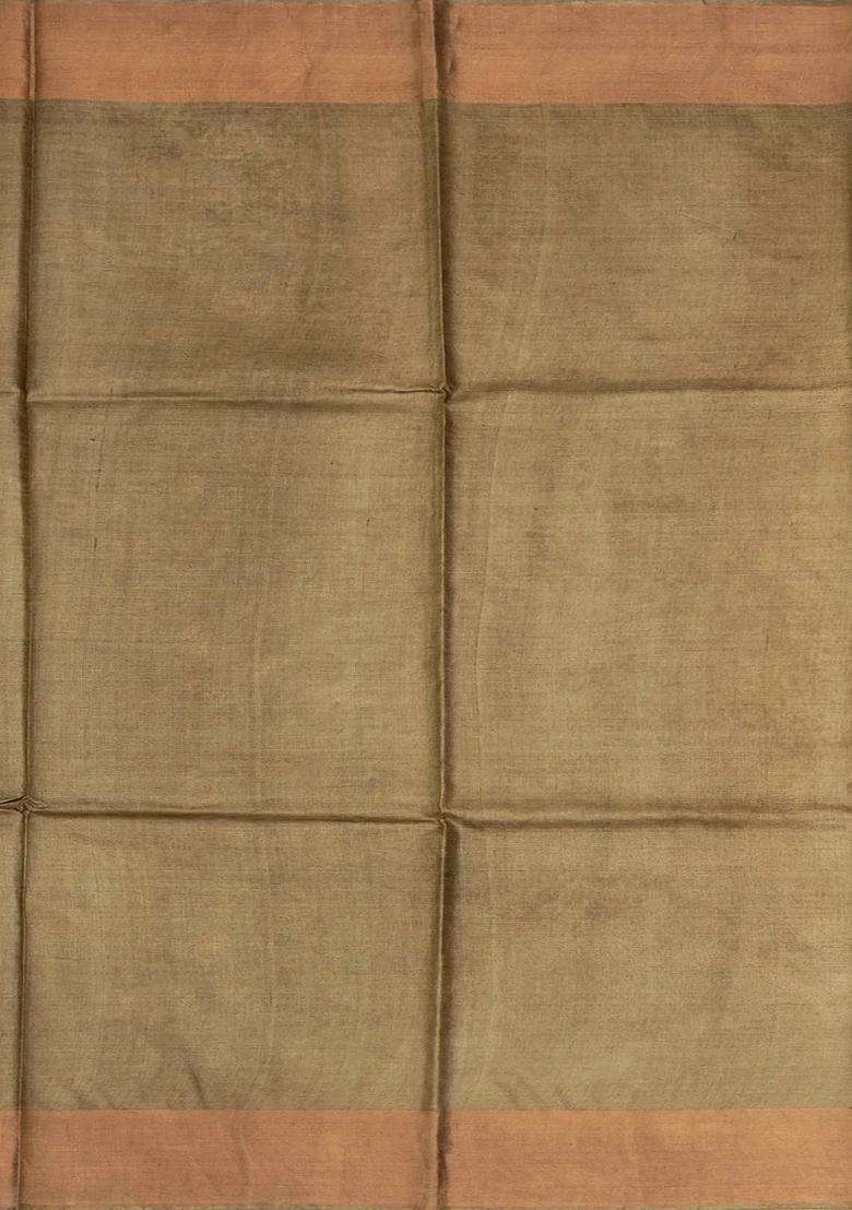 Shadow Green Handloom Tussar Silk Saree With Printed Floral Motifs For Women - Indya