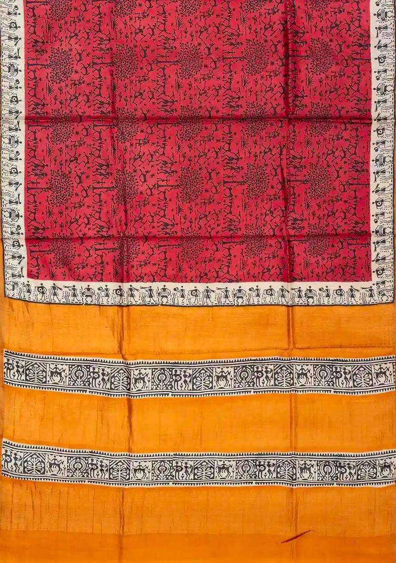 Dark Peach Handloom Tussar Silk Saree With Printed Tribal Motifs For Women - Indya