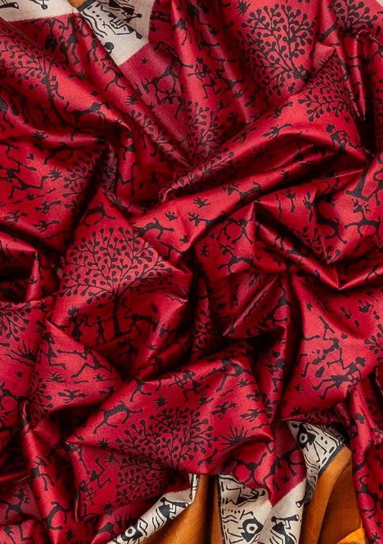 Dark Peach Handloom Tussar Silk Saree With Printed Tribal Motifs For Women - Indya