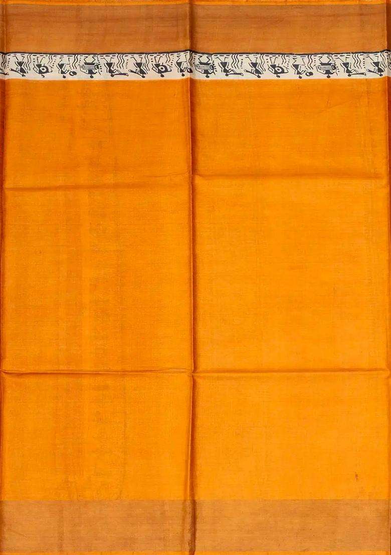 Dark Peach Handloom Tussar Silk Saree With Printed Tribal Motifs For Women - Indya
