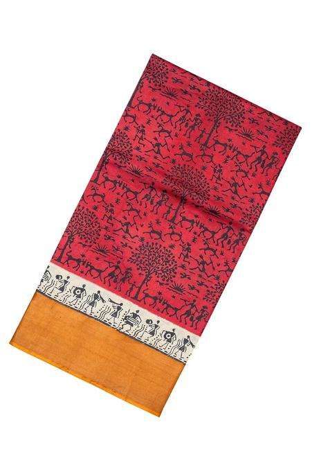 Dark Peach Handloom Tussar Silk Saree With Printed Tribal Motifs For Women