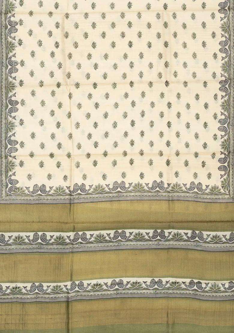 Off White Handloom Tussar Silk Saree With Printed Fish Motifs For Women - Indya