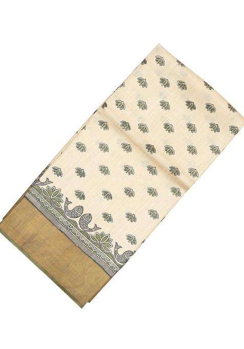 Off White Handloom Tussar Silk Saree With Printed Fish Motifs For Women