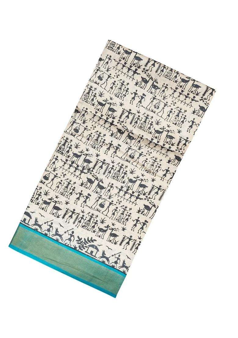 White Handloom Tussar Silk Saree With Printed Tribal Motifs For Women - Indya