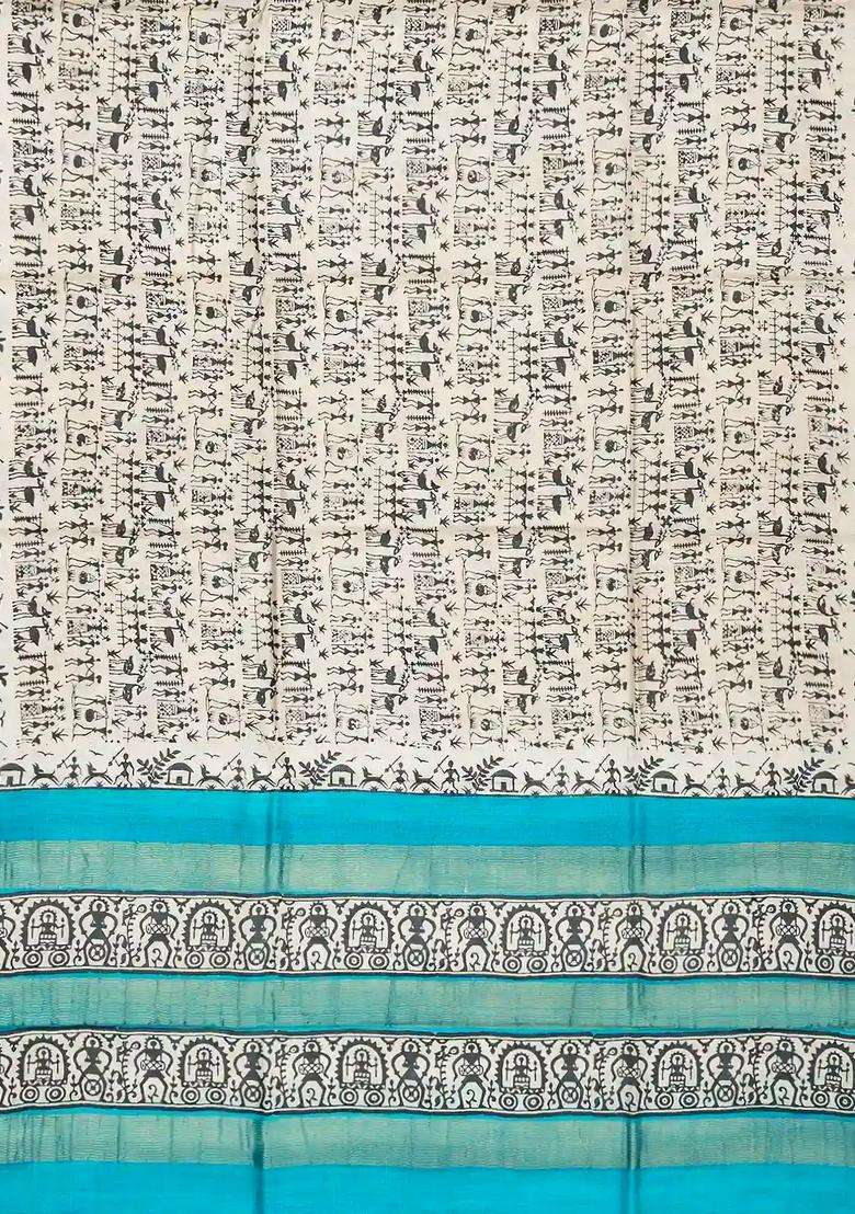 White Handloom Tussar Silk Saree With Printed Tribal Motifs For Women - Indya