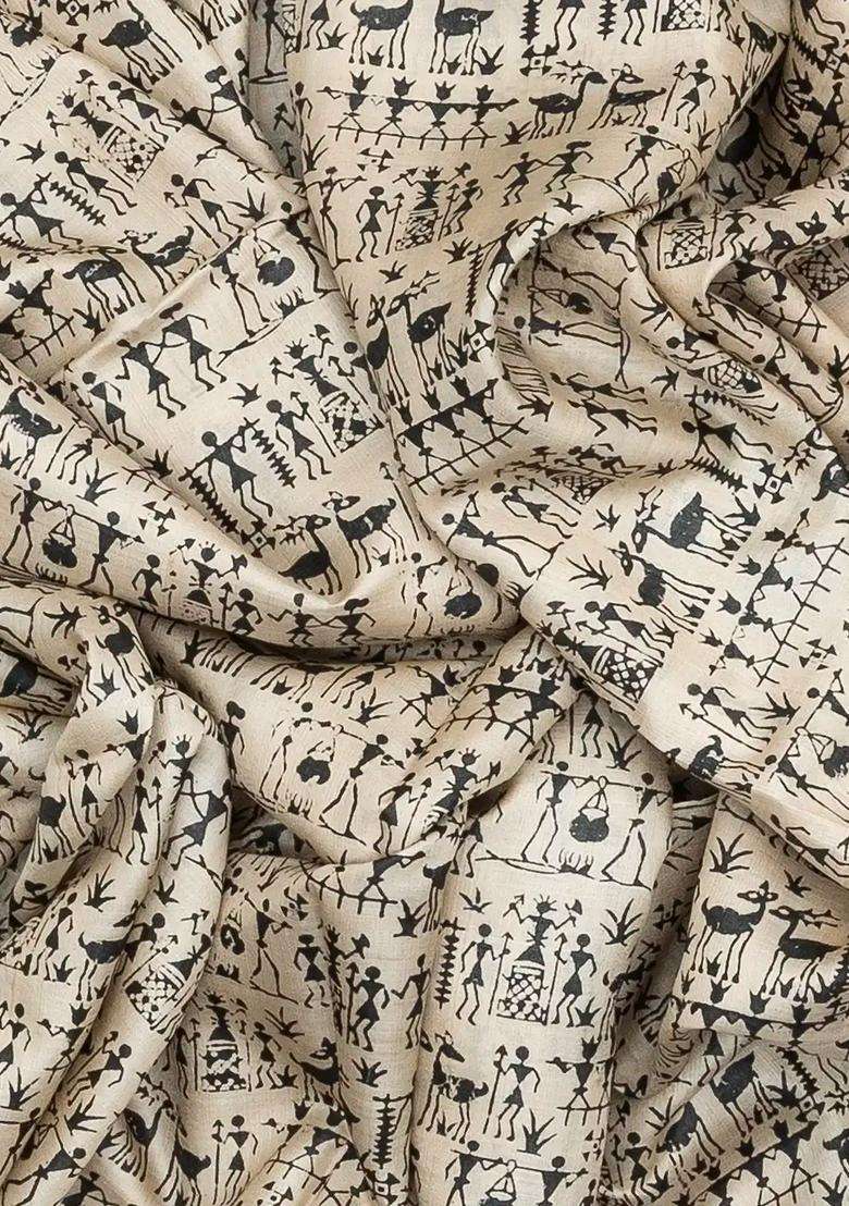 White Handloom Tussar Silk Saree With Printed Tribal Motifs For Women - Indya