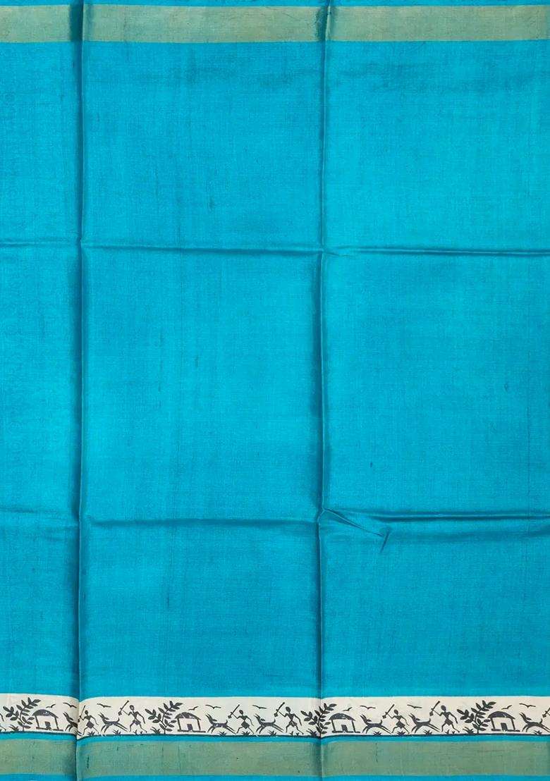White Handloom Tussar Silk Saree With Printed Tribal Motifs For Women - Indya